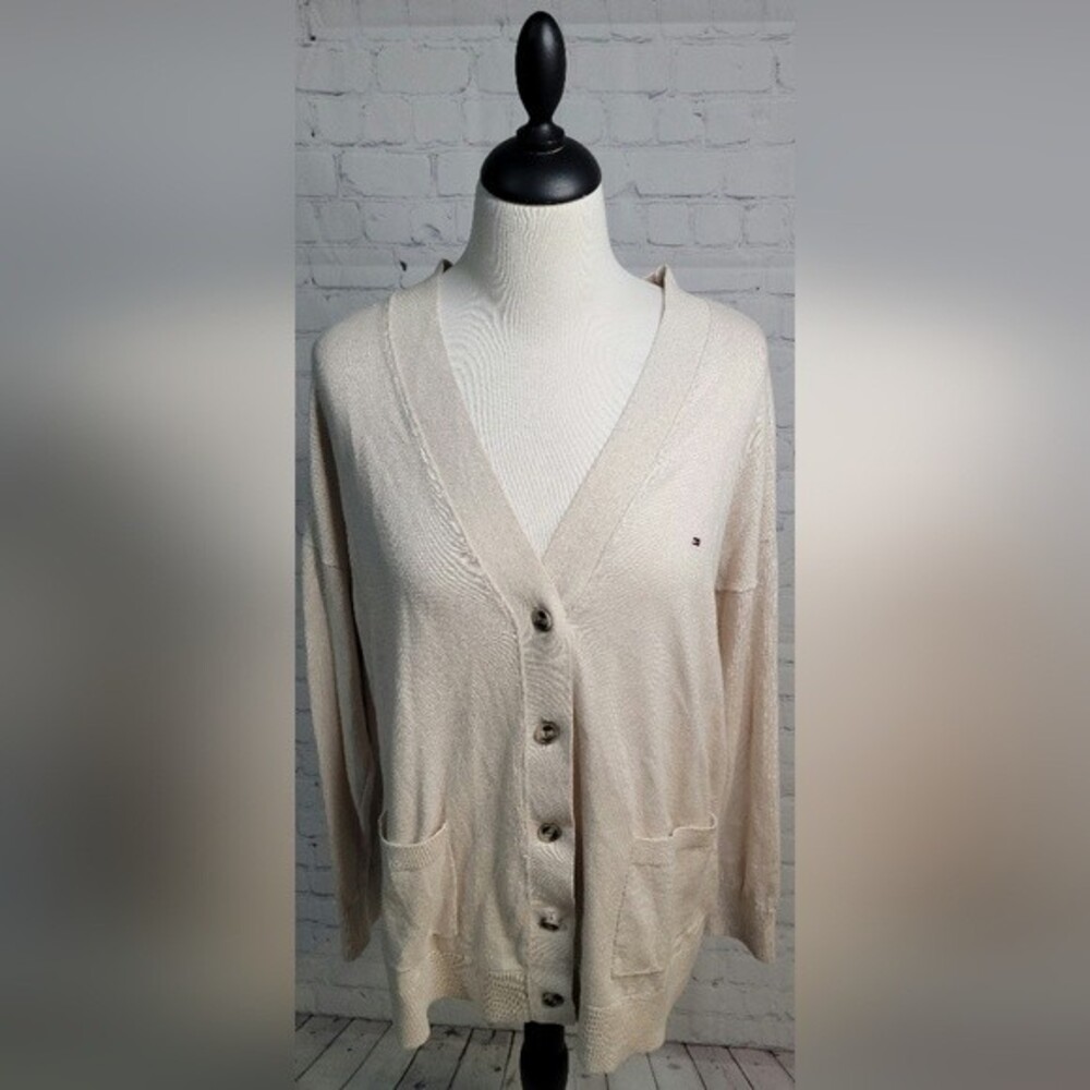 Tommy Hilfiger VNeck Knit Cardigan Sz L Beige Buttons Pockets 90s Preppy Sweater